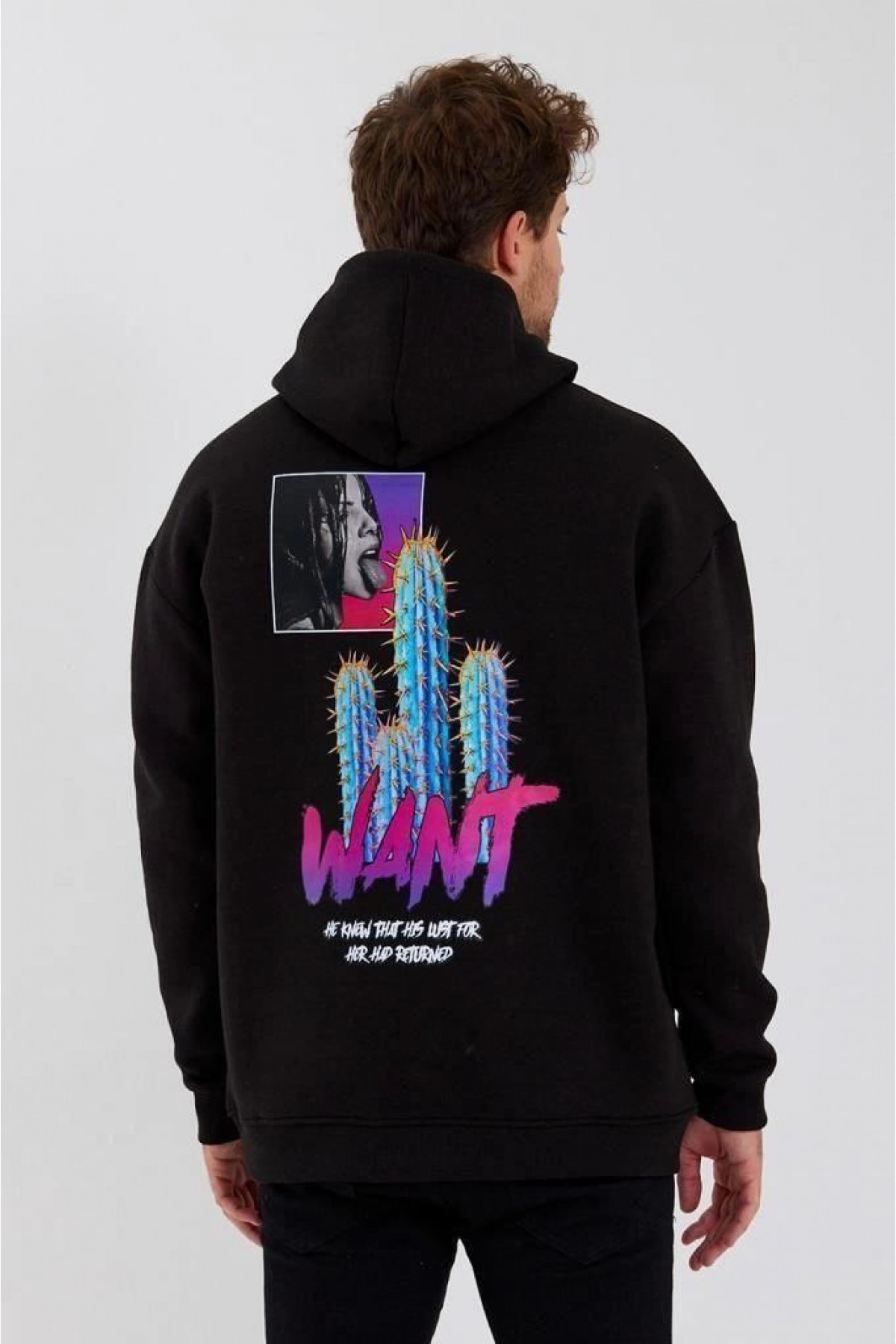 Erkek 3 İplik Pamuklu Kapüşonlu Baskılı Cepli Oversize Sweatshirt Hoodie - Siyah