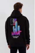 Erkek 3 İplik Pamuklu Kapüşonlu Baskılı Cepli Oversize Sweatshirt Hoodie - Siyah