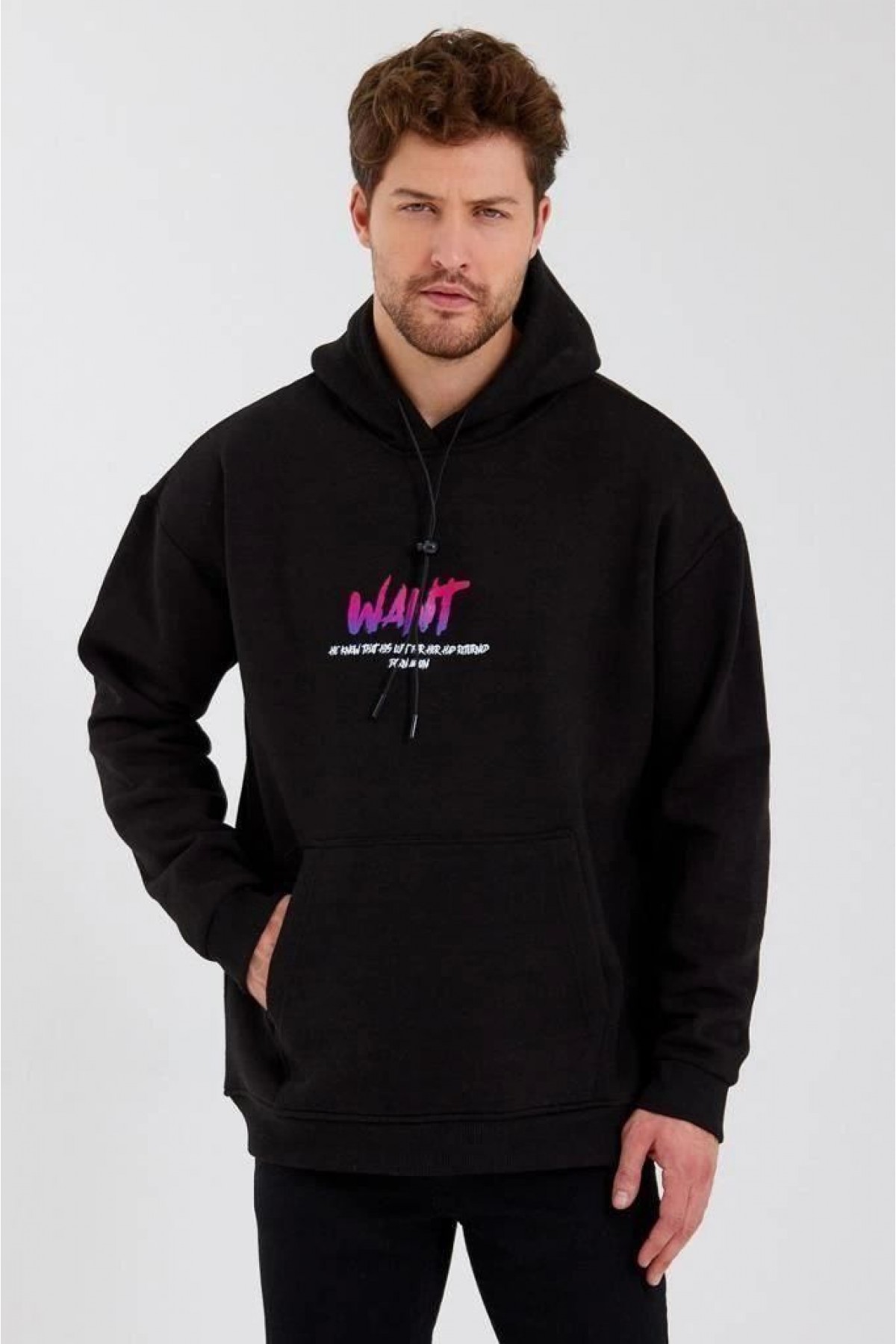 Erkek 3 İplik Pamuklu Kapüşonlu Baskılı Cepli Oversize Sweatshirt Hoodie - Siyah