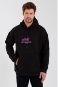 Erkek 3 İplik Pamuklu Kapüşonlu Baskılı Cepli Oversize Sweatshirt Hoodie - Siyah