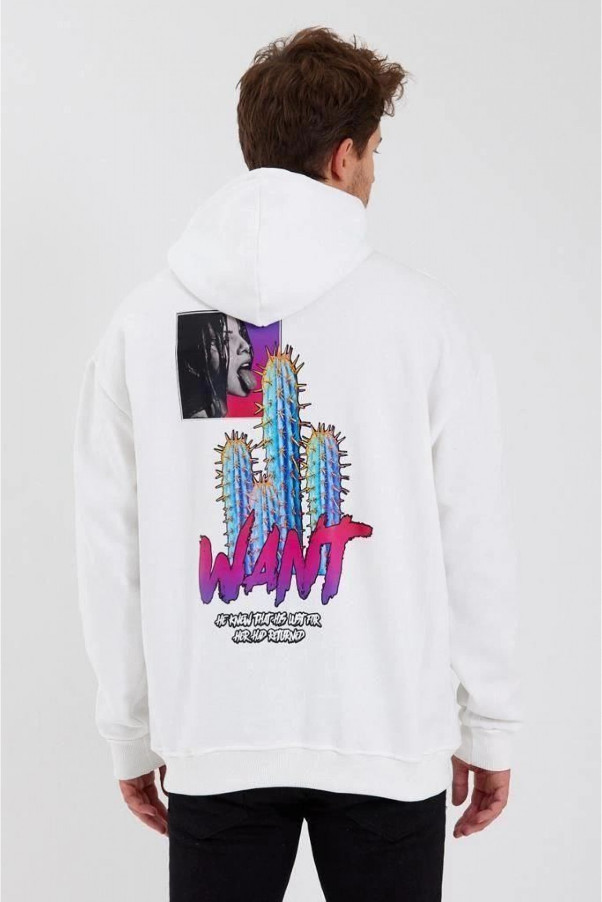 Erkek 3 İplik Pamuklu Kapüşonlu Baskılı Cepli Oversize Sweatshirt Hoodie - Beyaz