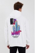 Erkek 3 İplik Pamuklu Kapüşonlu Baskılı Cepli Oversize Sweatshirt Hoodie - Beyaz