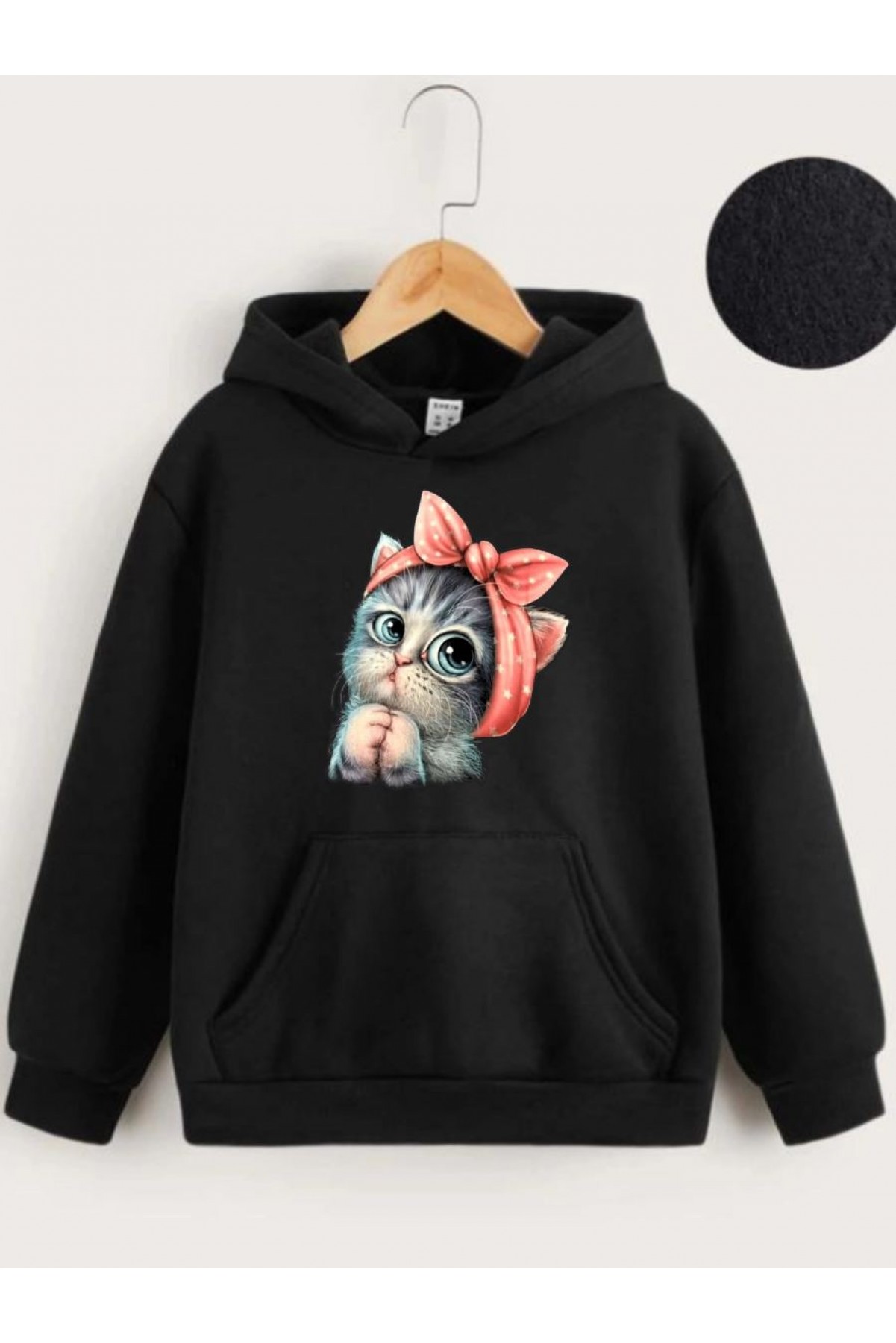 Çocuk Unisex Kapüşonlu Tatlı Kedi Baskılı Sweatshirt - Siyah