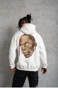 Erkek Kordonlu Arka Maske Kordon Saçlı Kapüşonlu sweatshirt hoodie - Beyaz