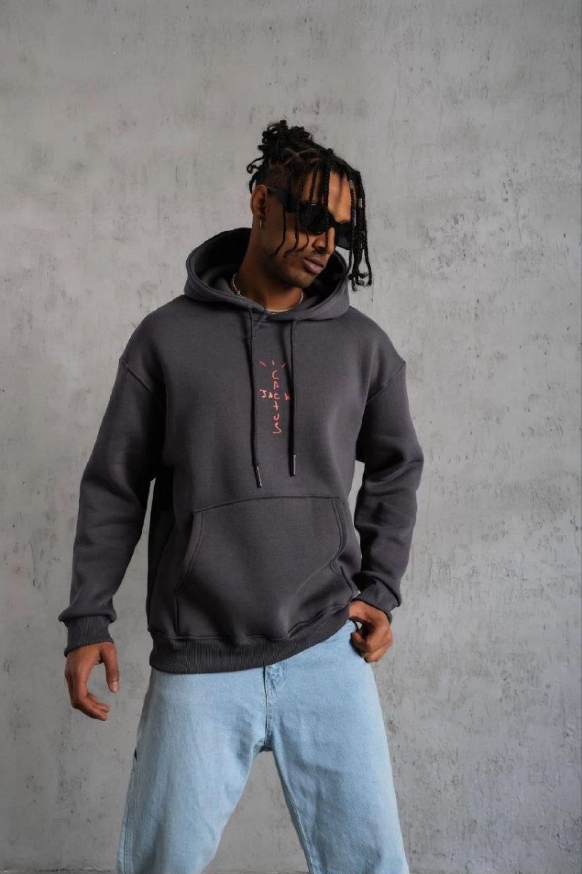 Erkek Kordonlu Arka Maske Kordon Saçlı 3 iplik pamuklu Kapüşonlu sweatshirt - Füme