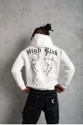 Erkek 3 İplik Pamuklu Kapüşonlu Baskılı Cepli Oversize Sweatshirt Hoodie - Beyaz