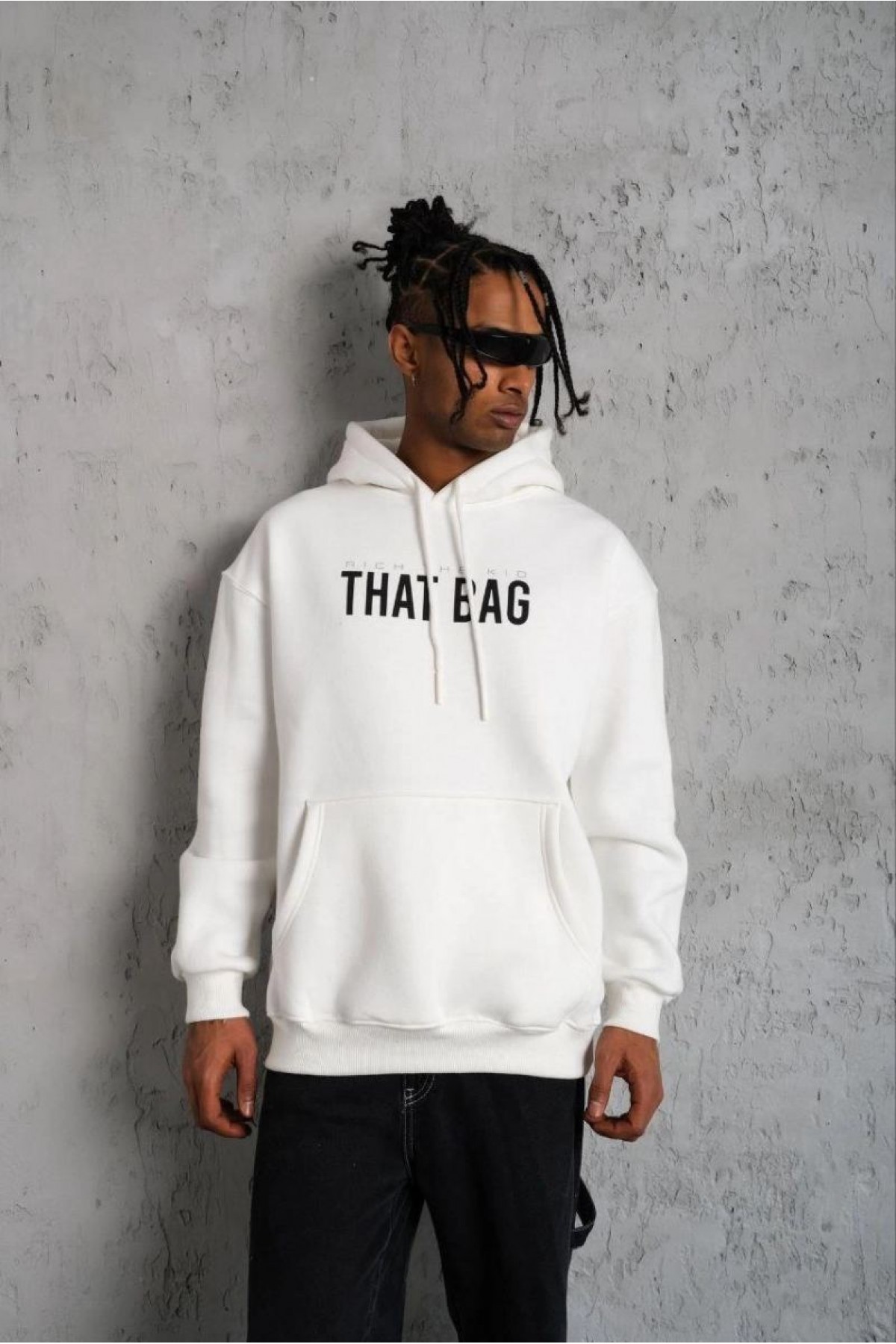 Erkek 3 İplik Pamuklu Kapüşonlu Baskılı Cepli Oversize Sweatshirt Hoodie - Beyaz