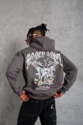 Erkek 3 İplik Pamuklu Baskılı Kapüşonlu Cepli Sweatshirt Hoodie - Füme