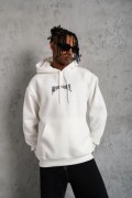Erkek 3 İplik Pamuklu Baskılı Kapüşonlu Cepli Sweatshirt Hoodie - Beyaz