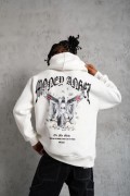Erkek 3 İplik Pamuklu Baskılı Kapüşonlu Cepli Sweatshirt Hoodie - Beyaz