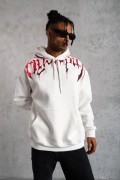 Erkek 3 İplik Pamuklu Baskılı Kapüşonlu Cepli Sweatshirt Hoodie - Beyaz