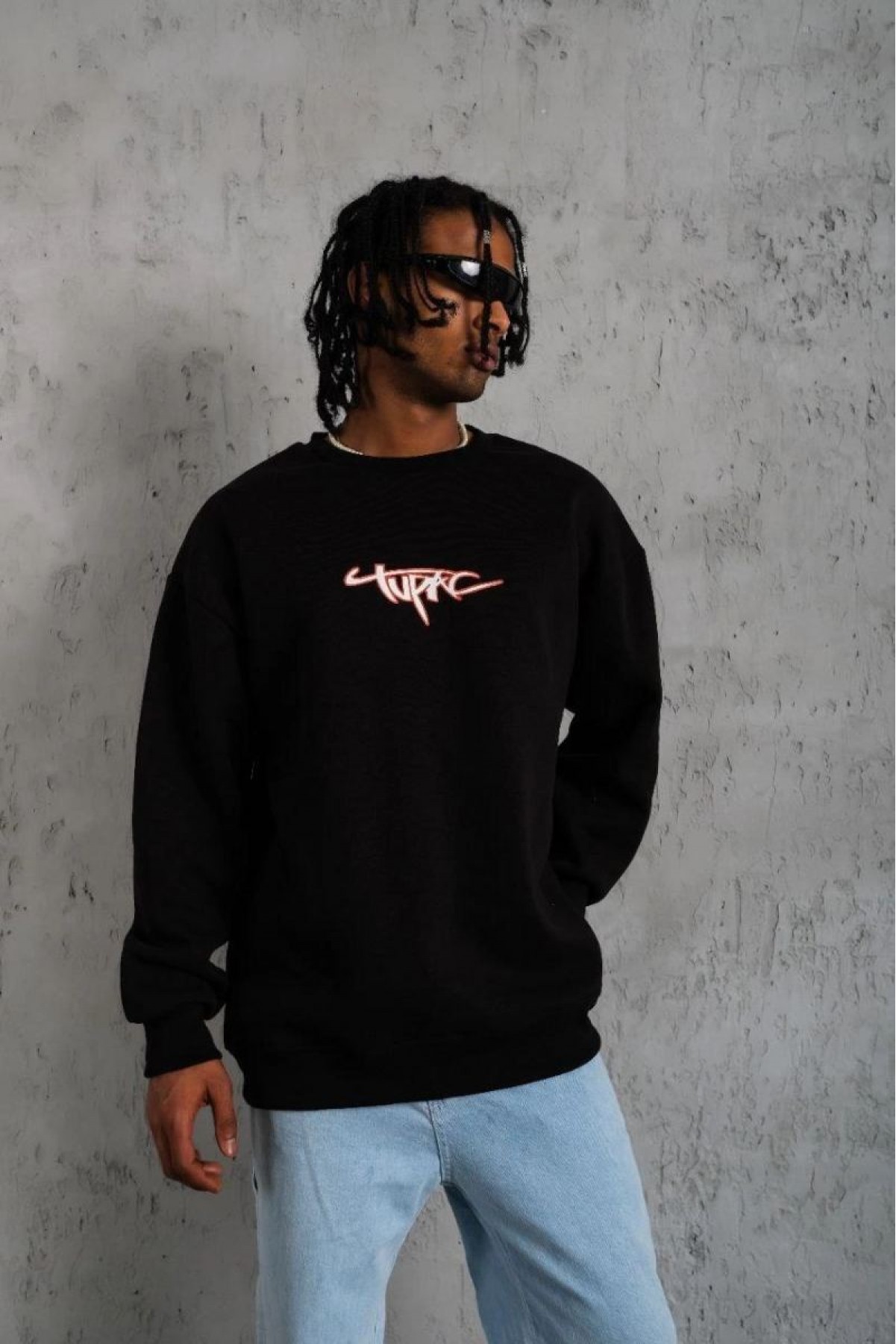 Erkek 3 İplik Pamuklu Bisiklet Yaka Gangster Baskılı Sweatshirt - Siyah