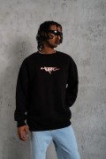 Erkek 3 İplik Pamuklu Bisiklet Yaka Gangster Baskılı Sweatshirt - Siyah