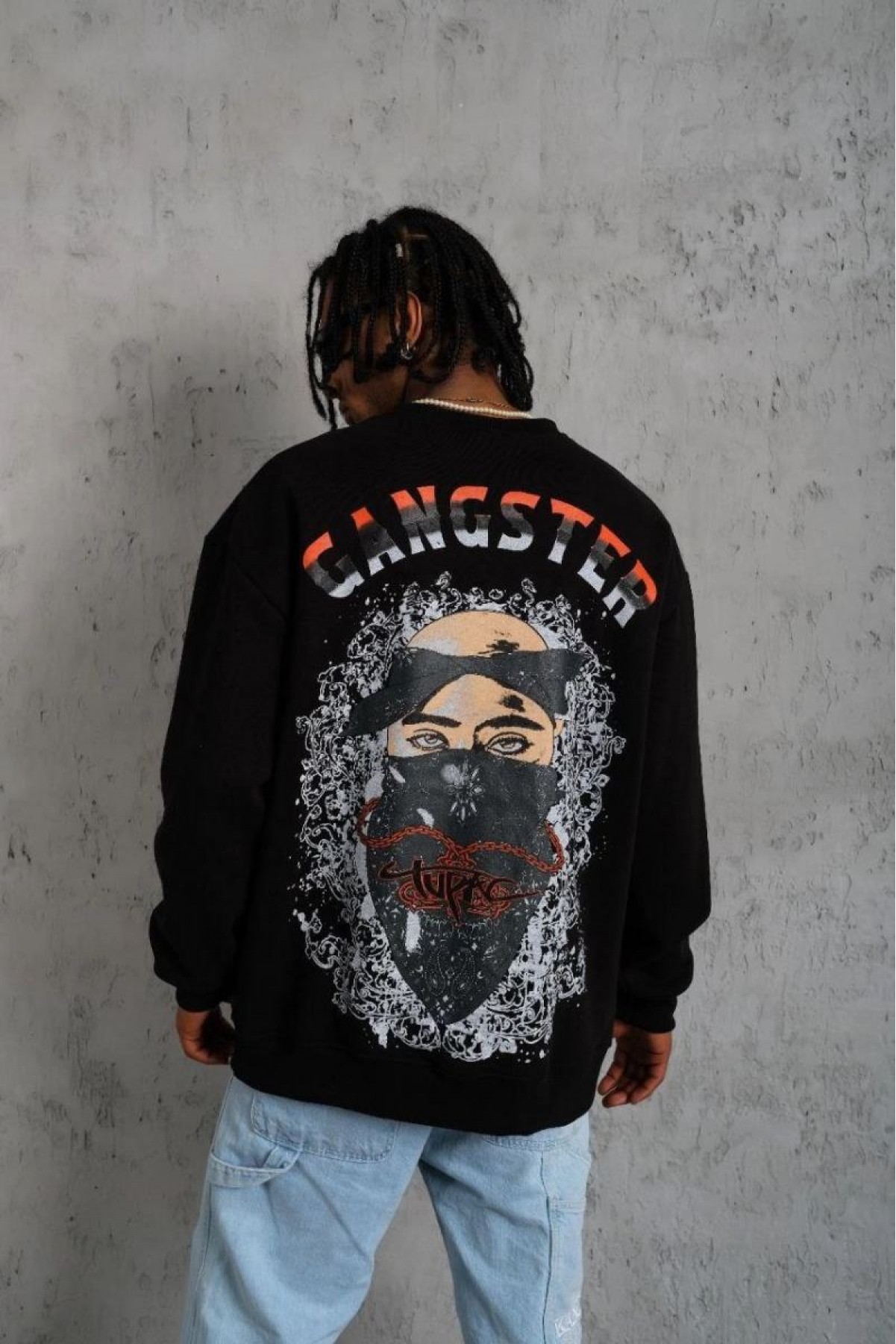 Erkek 3 İplik Pamuklu Bisiklet Yaka Gangster Baskılı Sweatshirt - Siyah