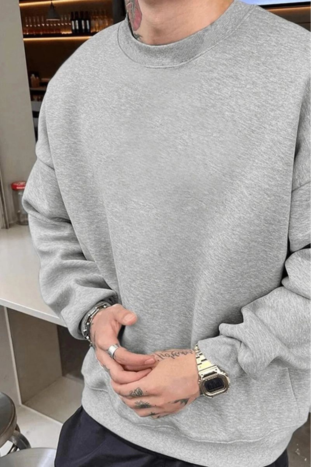 Erkek Düz Bisiklet Yaka 3 iplik pamuklu sweatshirt - Gri