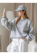 Kadın 3 İplik Pamuklu Oversize Yarım Fermuarlı Yakalı Basic Sweatshirt - Gri