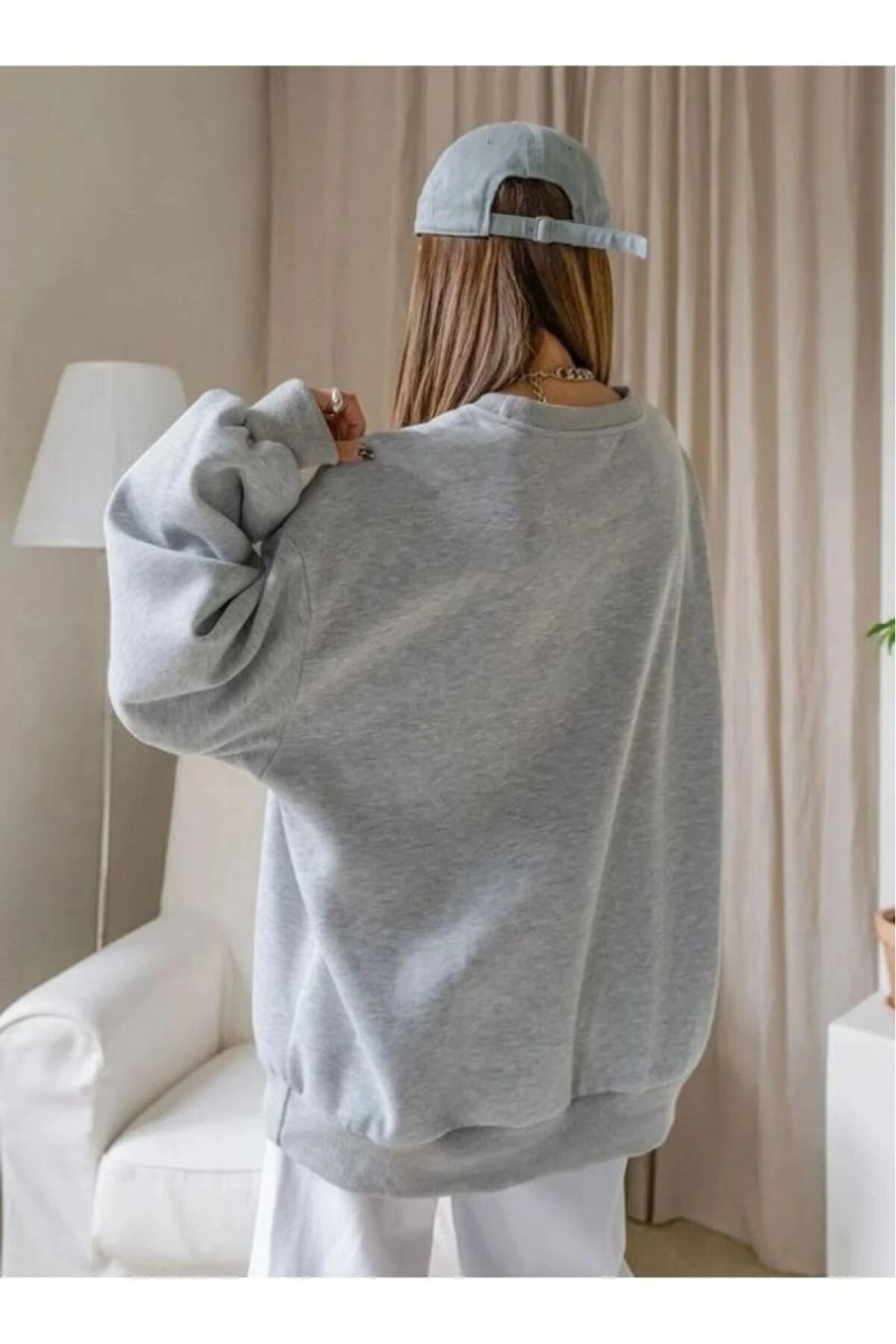 Kadın 3 İplik Pamuklu Oversize Yarım Fermuarlı Yakalı Basic Sweatshirt - Gri