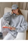 Kadın 3 İplik Pamuklu Oversize Yarım Fermuarlı Yakalı Basic Sweatshirt - Gri