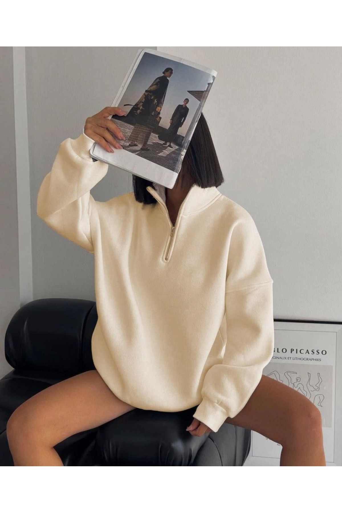 Kadın 3 İplik Pamuklu Oversize Yarım Fermuarlı Yakalı Basic Sweatshirt - Bej