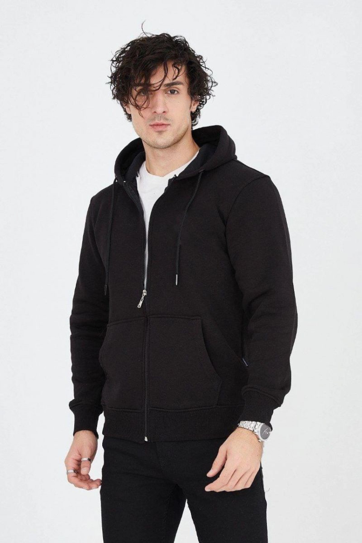 Erkek 3 İplik Pamuklu Fermuarlı Kapüşonlu Kanguru Cepli Hoodie Hırka Sweatshirt - Siyah