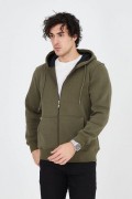 Erkek 3 İplik Pamuklu Fermuarlı Kapüşonlu Kanguru Cepli Hoodie Hırka Sweatshirt - Yeşil