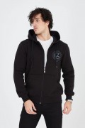 Erkek 3 İplik Pamuklu Fermuarlı Kapüşonlu Kanguru Cepli Baskılı Hoodie Hırka Sweatshirt - Siyah