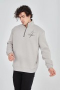 Erkek Yarım Fermuarlı Baskılı 3 iplik pamuklu sweatshirt - Boyalı Gri
