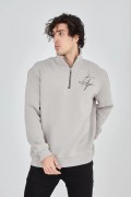 Erkek Yarım Fermuarlı Baskılı 3 iplik pamuklu sweatshirt - Boyalı Gri