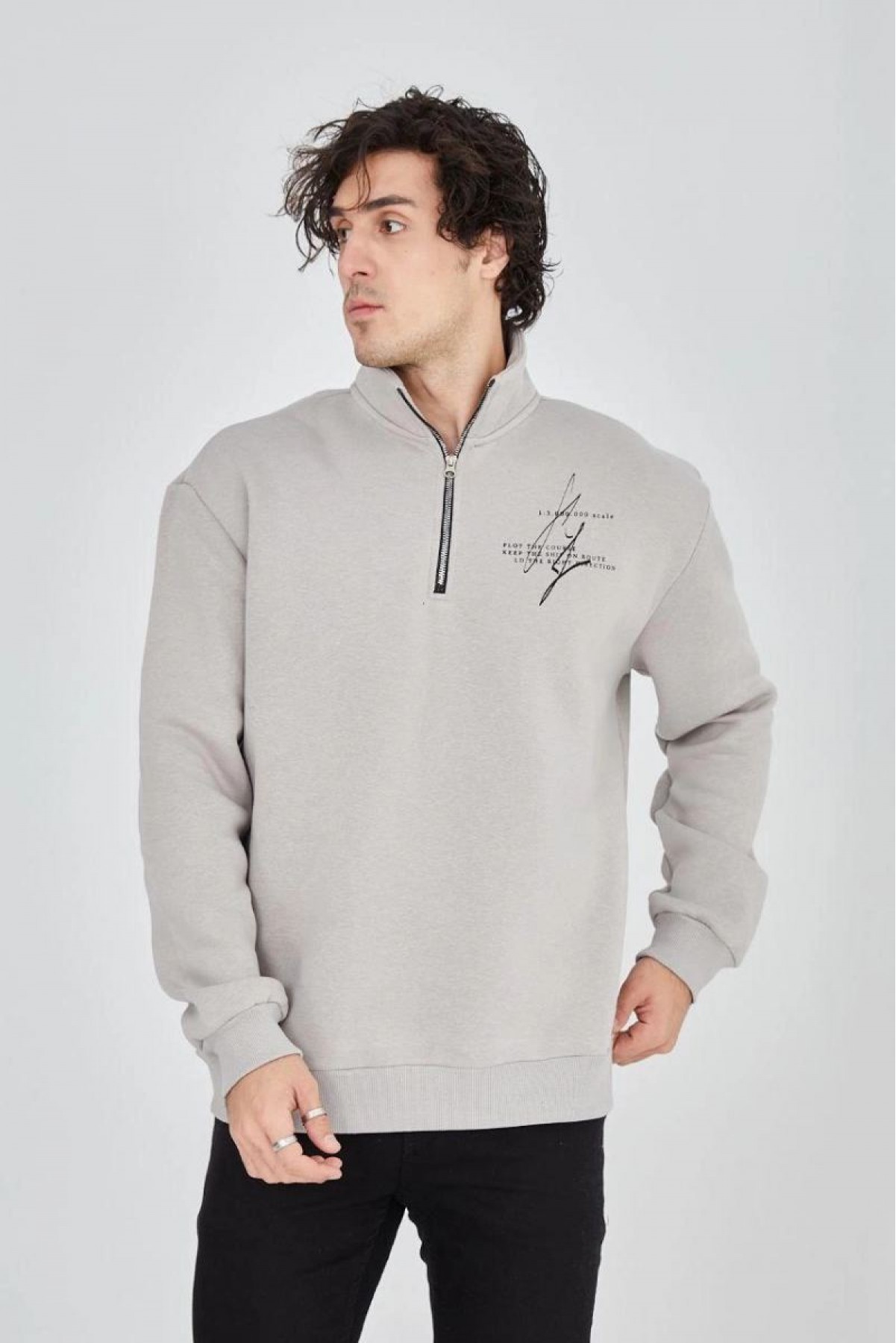 Erkek Yarım Fermuarlı Baskılı 3 iplik pamuklu sweatshirt - Boyalı Gri