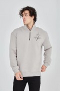 Erkek Yarım Fermuarlı Baskılı 3 iplik pamuklu sweatshirt - Boyalı Gri