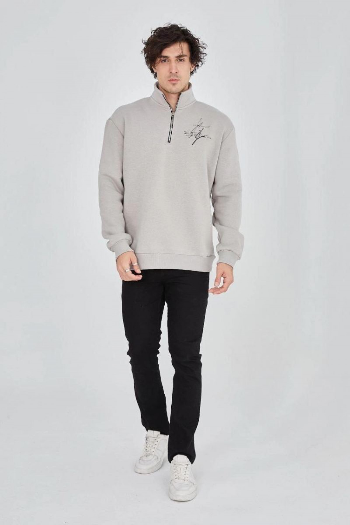 Erkek Yarım Fermuarlı Baskılı 3 iplik pamuklu sweatshirt - Boyalı Gri