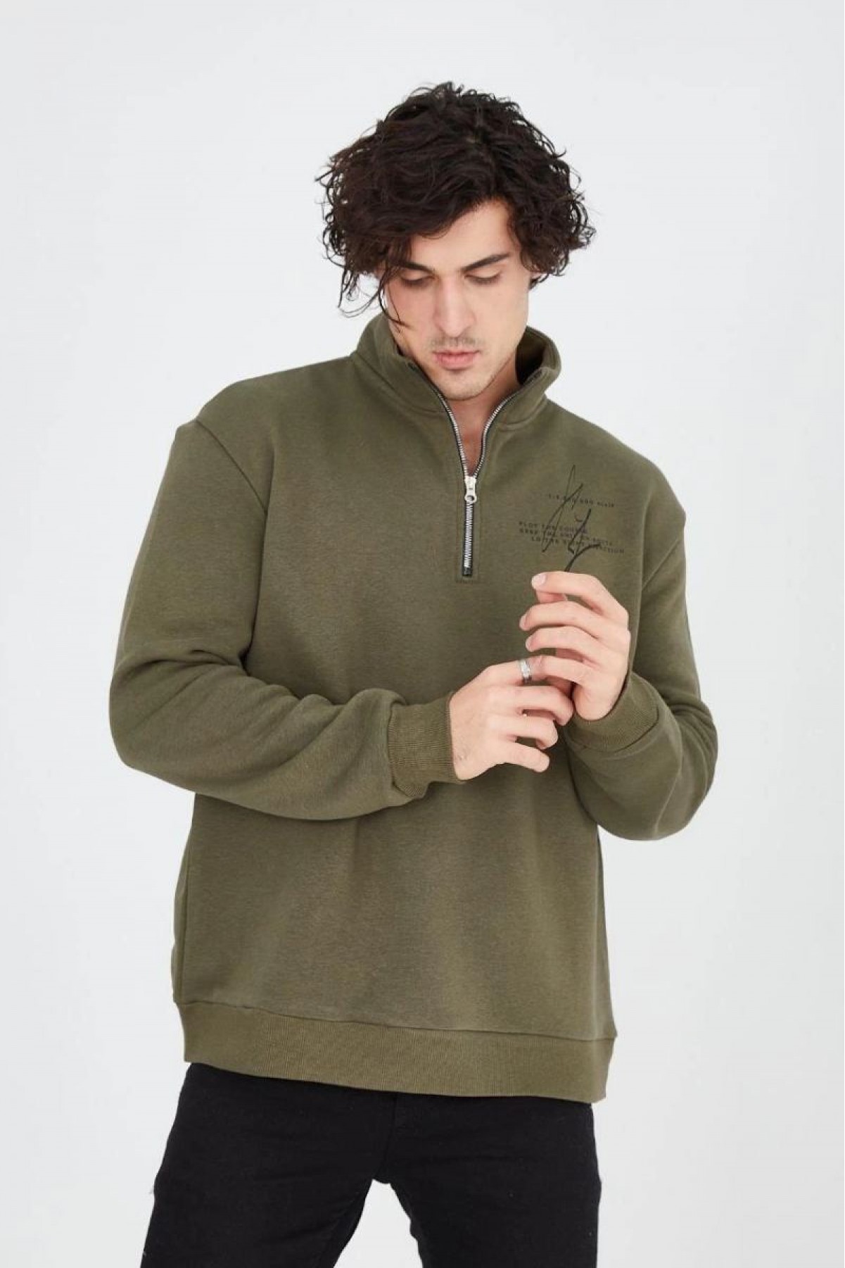 Erkek Yarım Fermuarlı Baskılı 3 iplik pamuklu sweatshirt - Yeşil