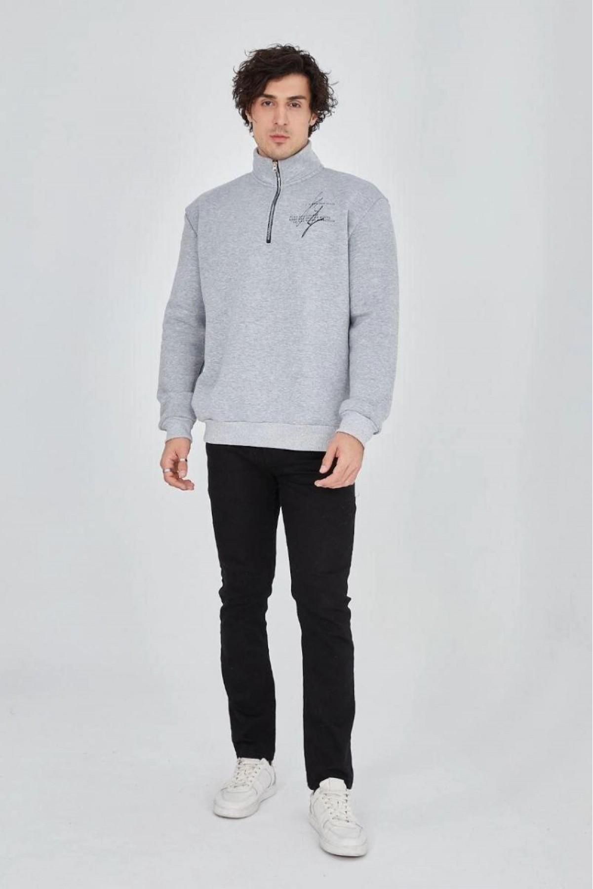 Erkek Yarım Fermuarlı Baskılı 3 iplik pamuklu sweatshirt - Gri