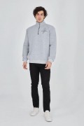 Erkek Yarım Fermuarlı Baskılı 3 iplik pamuklu sweatshirt - Gri
