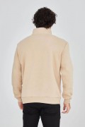 Erkek Yarım Fermuarlı Baskılı 3 iplik pamuklu sweatshirt - Bej