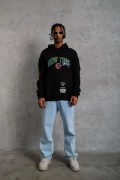 Erkek 3 İplik Pamuklu Kapüşonlu Baskılı Cepli Oversize Sweatshirt Hoodie - Siyah