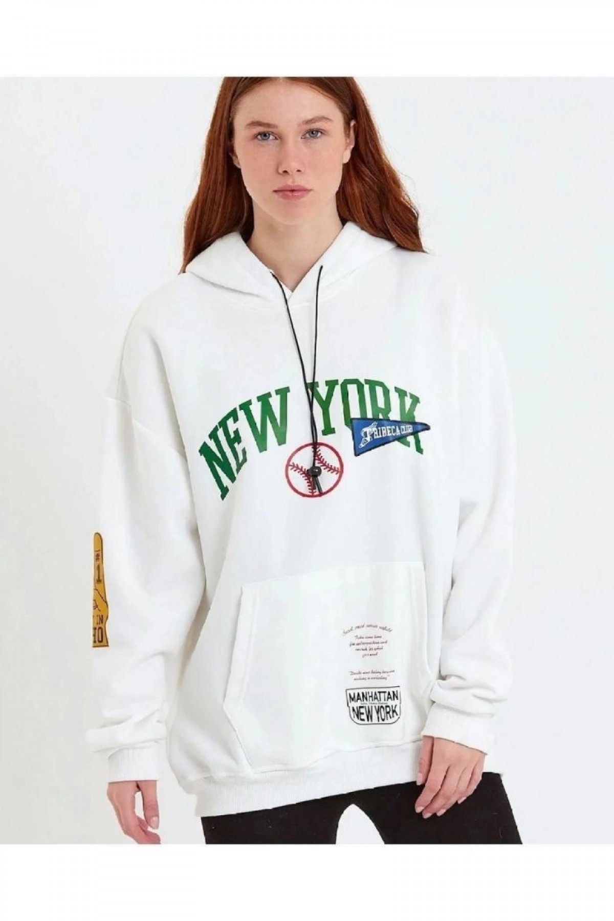 Kadın Oversize Kapüşonlu Cepli Ön Kol Baskılı 3 İplik Pamuklu Hoodie Sweatshirt - Beyaz