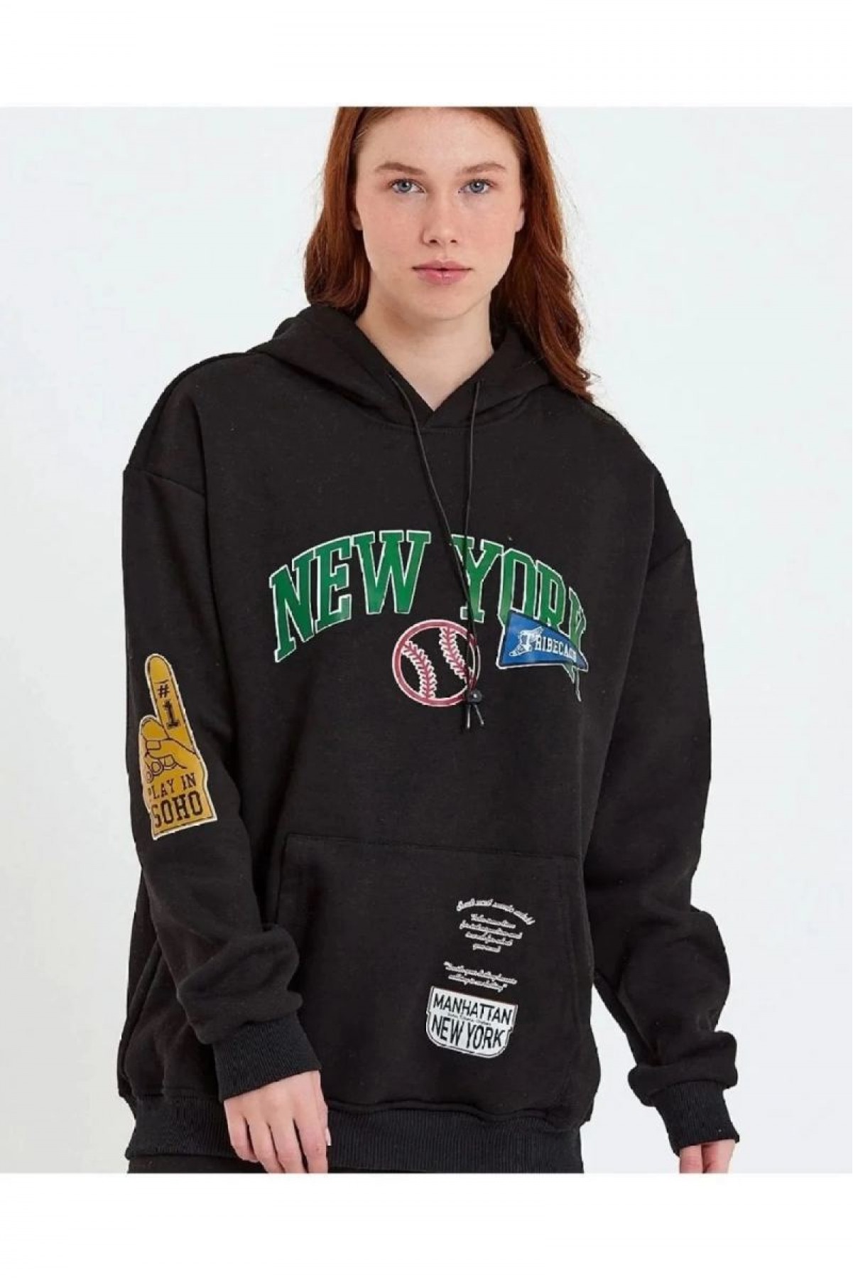 Kadın Oversize Kapüşonlu Cepli Ön Kol Baskılı 3 İplik Pamuklu Hoodie Sweatshirt - Siyah