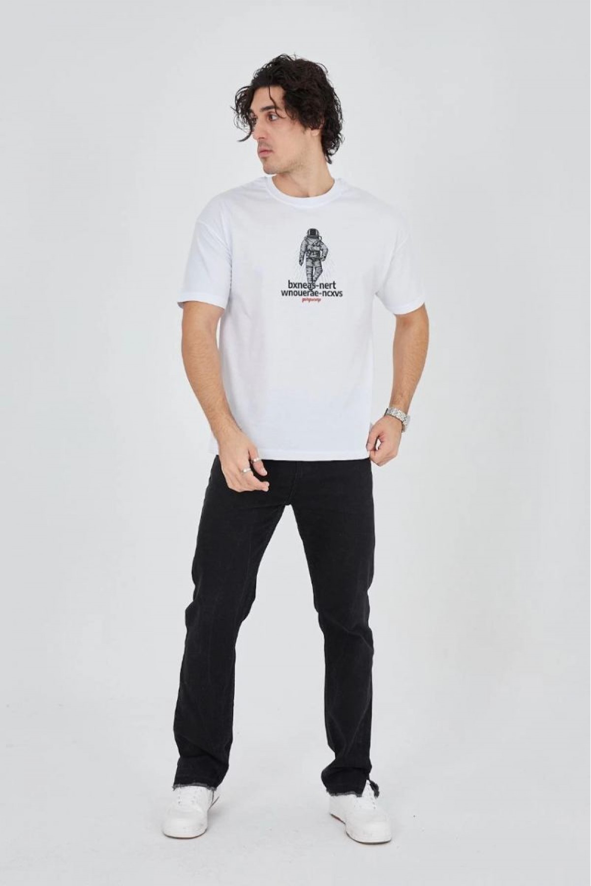 Erkek Baskılı T-Shirt Kısa Kol Bisiklet Yaka Regular Fit Rahat Kalıp Günlük Tişört - Beyaz