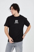 Erkek Baskılı T-Shirt Kısa Kol Bisiklet Yaka Regular Fit Rahat Kalıp Günlük Tişört - Siyah