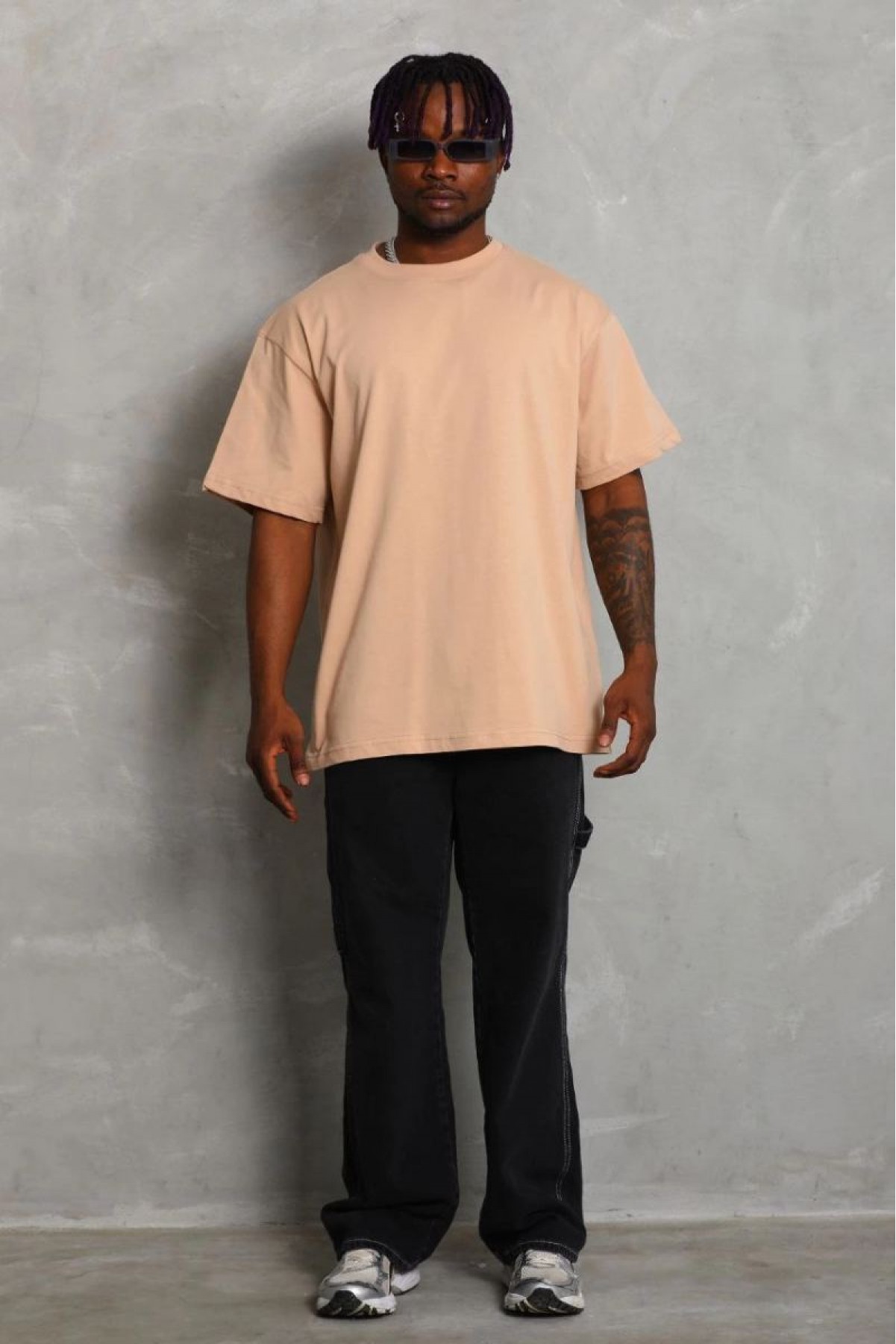 Erkek Düz Yazlık Kısa Kol Tişört Bisiklet Yaka Oversize T-Shirt - Bej
