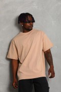 Erkek Düz Yazlık Kısa Kol Tişört Bisiklet Yaka Oversize T-Shirt - Bej