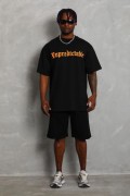 Erkek Baskılı Tişört Kısa Kol Bisiklet Yaka Oversize T-Shirt - Siyah