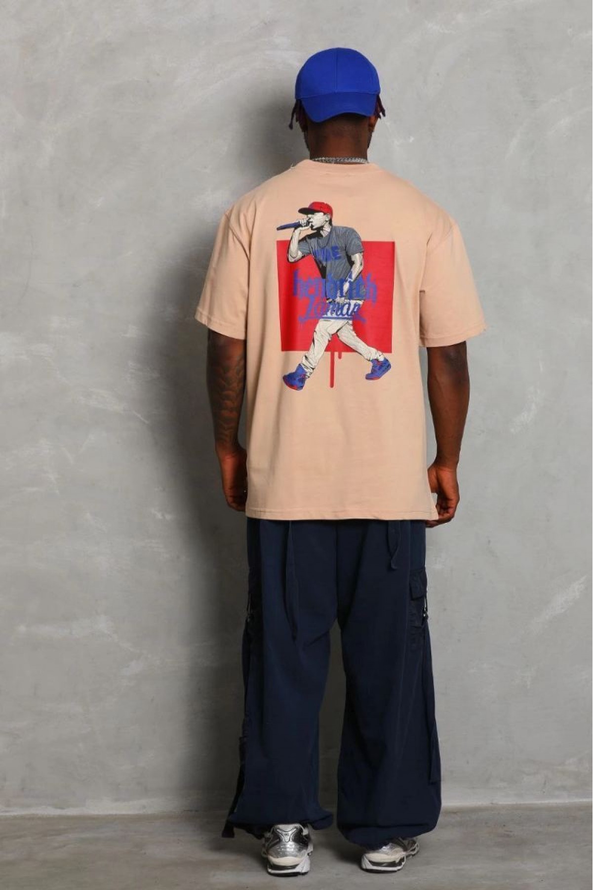 Erkek Baskılı Tişört Kısa Kol Bisiklet Yaka Oversize T-Shirt - Bej