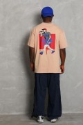 Erkek Baskılı Tişört Kısa Kol Bisiklet Yaka Oversize T-Shirt - Bej