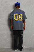 Erkek Baskılı Tişort Kısa Kol Bisiklet Yaka Oversize T-Shirt - Füme