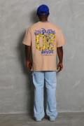 Erkek Baskılı Tişört Kısa Kol Bisiklet Yaka Oversize T-Shirt - Bej