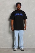 Erkek Baskılı Tişört Kısa Kol Bisiklet Yaka Oversize T-Shirt - Siyah