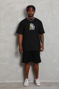 Erkek Baskılı Tişört Kısa Kol Bisiklet Yaka Oversize T-Shirt - Siyah