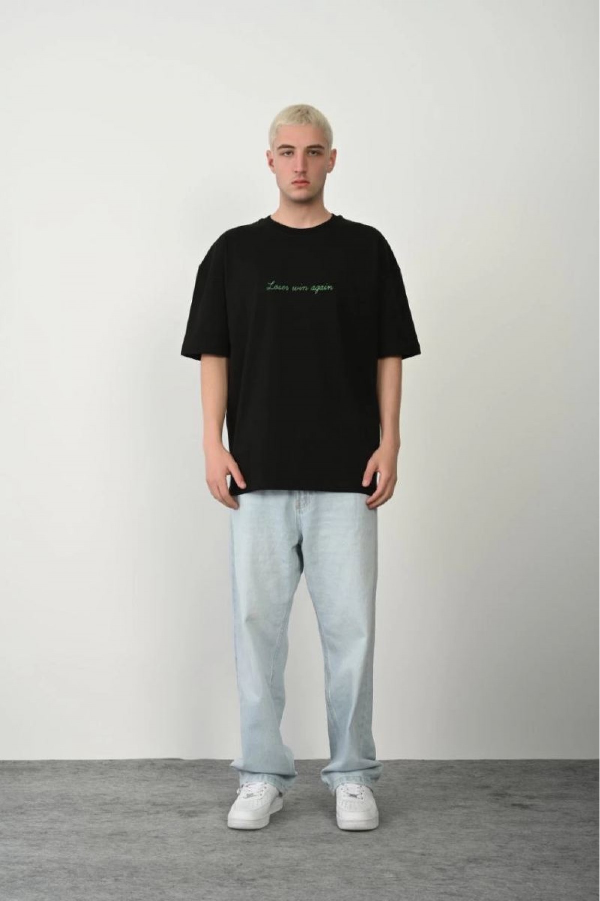 Erkek Baskılı T-Shirt Kısa Kol Bisiklet Yaka Rahat Kalıp Tişört  - Siyah